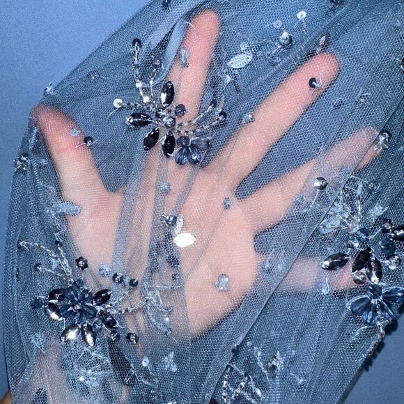 NWT Theia Kiera Beaded Puff Sleeve Gown in Storm Blue Size 4 - Picture 13 of 16